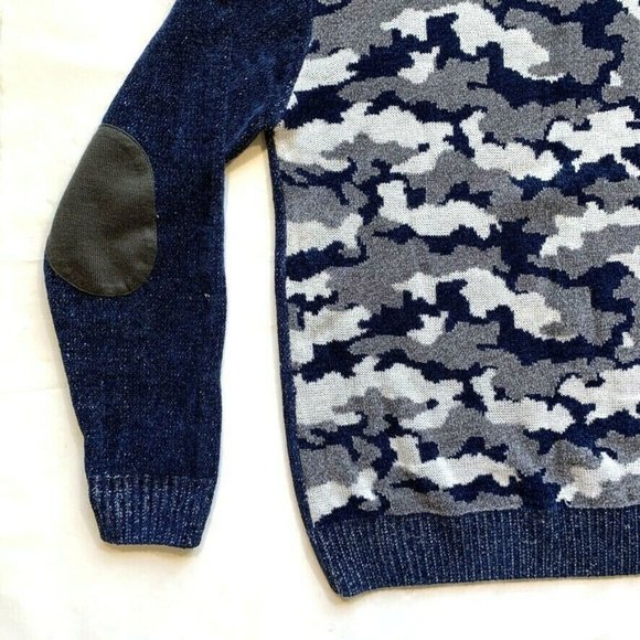 Royal Prestige Camo Sweater Mens Medium M Velour Elbow Patch Chunky Knit Rayon - Picture 6 of 10